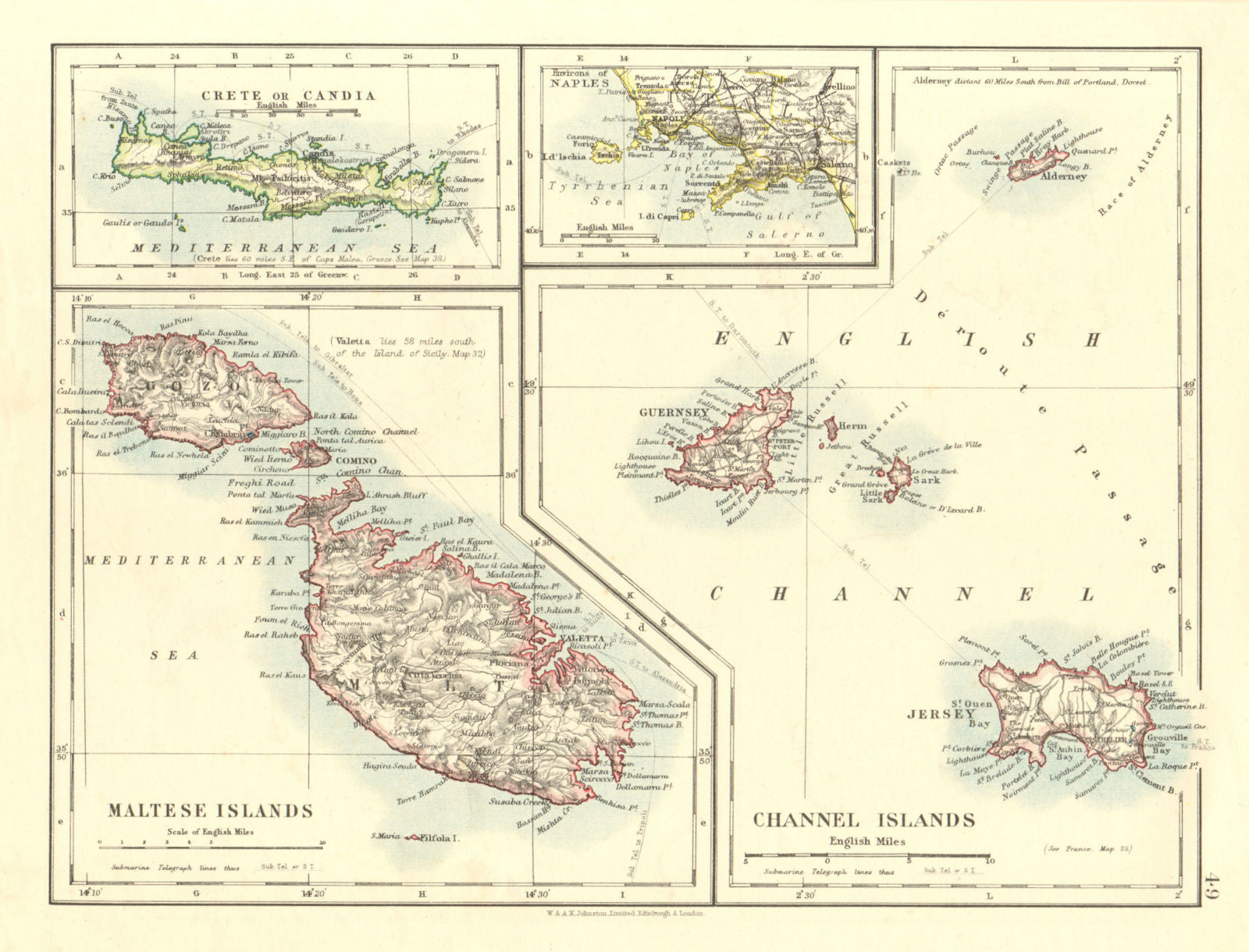 EUROPEAN ISLANDS.Malta Gozo Crete Capri Jersey Guernsey Sark.  JOHNSTON 1906 map